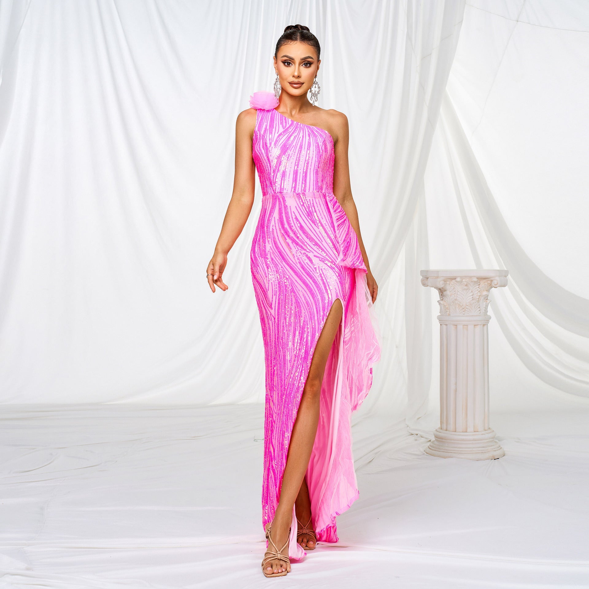 Women Clothing One Shoulder Diagonal Collar Slim Fit Sheath Sequined Split Cocktail Evening Dress