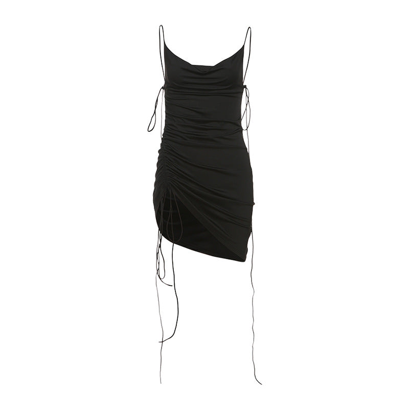 Spring Women Clothing Sexy Swing Collar Backless Solid Color Drawstring Lace Slim Fit Dress