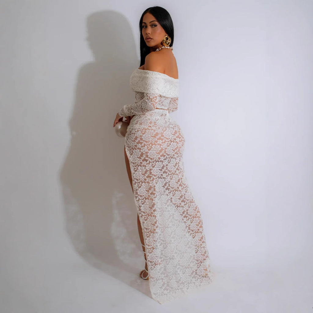 Sexy Tube Top Lace Suit Skirt Autumn Long Sleeve Pleated High Slit Women Skirt