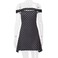 Women Clothing Summer Sexy off Neck Lace Polka Dot Print Slim Fit Sheath Dress