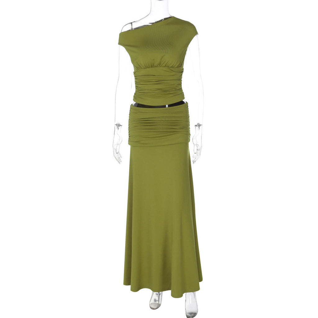 Women Clothing Summer One Shoulder Pleated Slim Fit Skirt Set