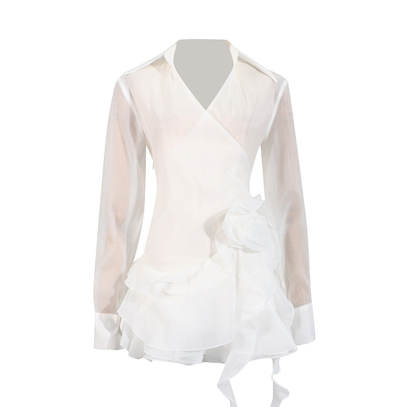 Sexy Lightly Mature Shirt Dress Summer V neck Stitching Floral Ruffled Ribbon Dress