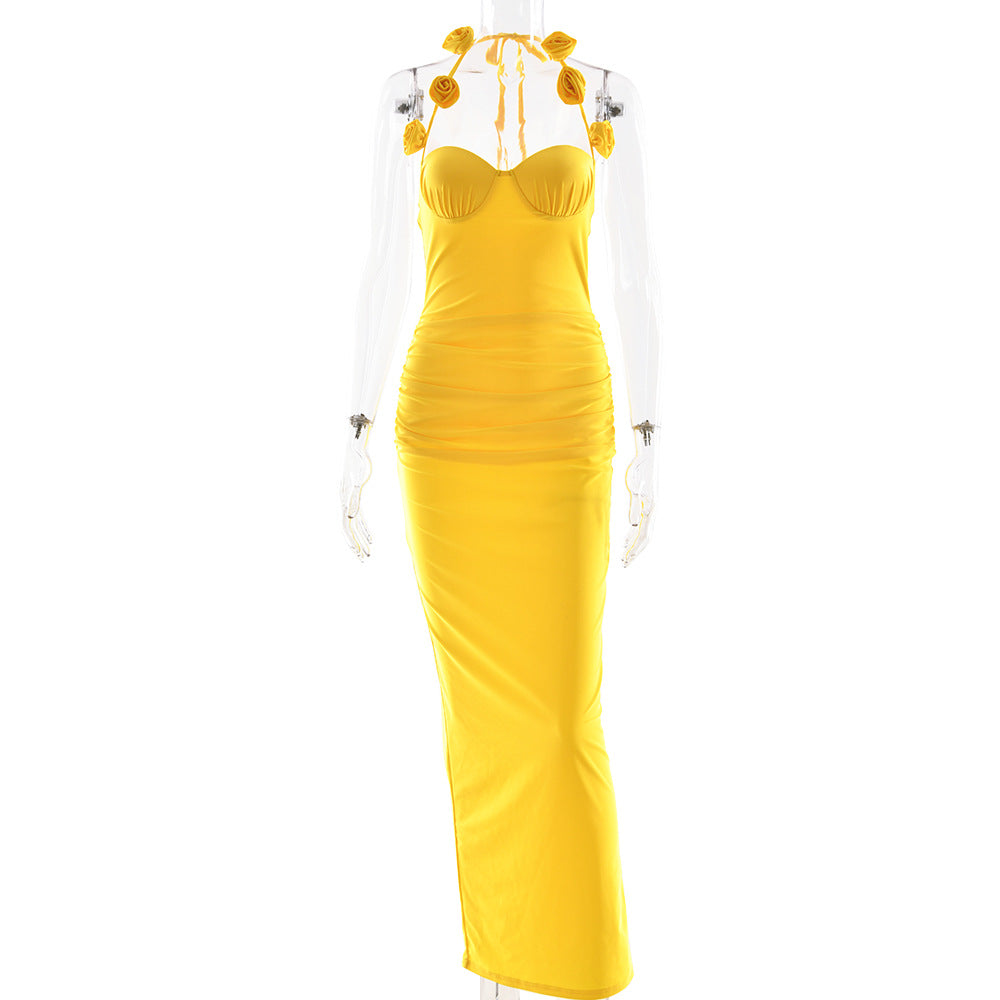 Summer Arrival Halter Backless Tube Top Dress Sexy Slim Solid Color Sticky Floral Evening Dress