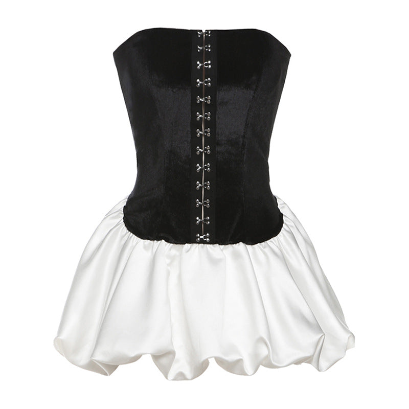 Spring Women Clothing Graceful Fashionable Contrast Color Breasted Sexy Backless Tube Top Dress Women
