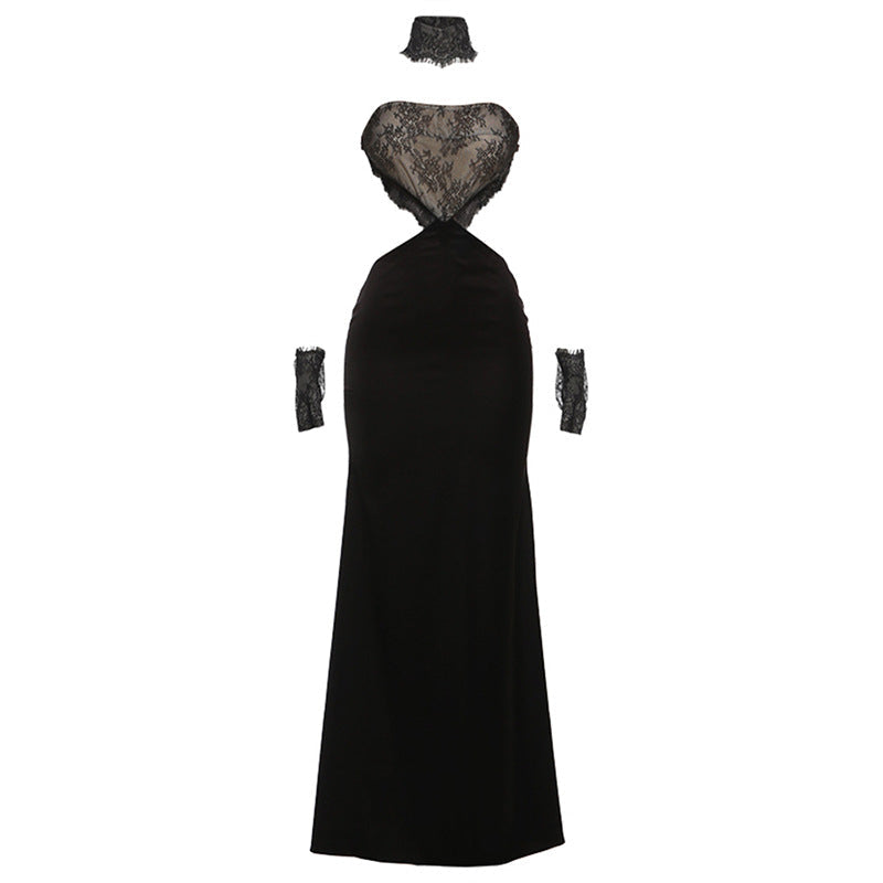 Autumn Winter Women Clothing Sexy Slim Fit Backless Lace Stitching Tube Top Dress