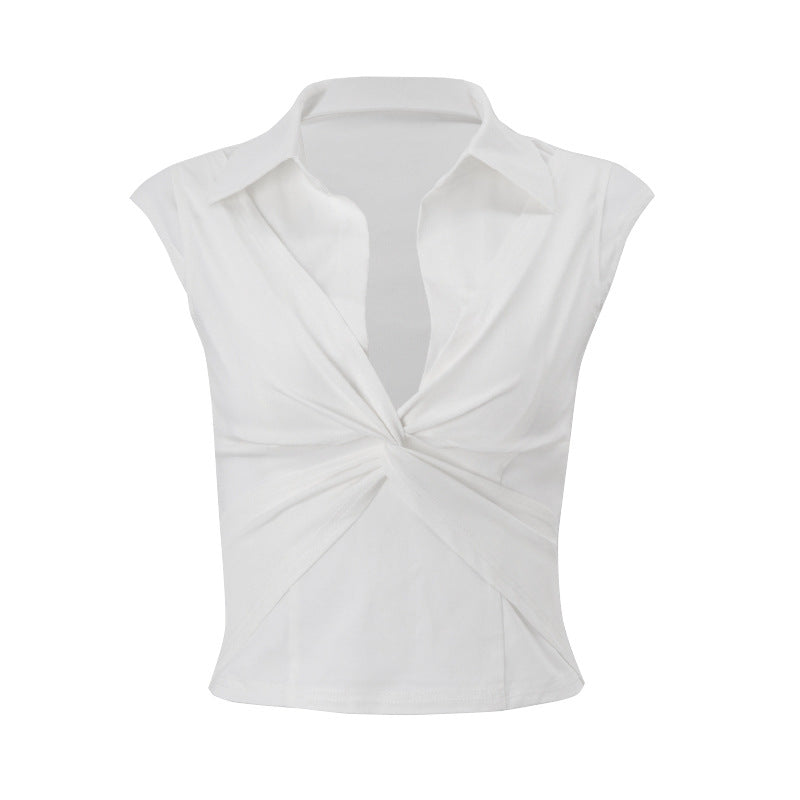 Women Clothing Summer Sexy Polo Collar Twisted Short Solid Color Cropped T shirt Top for Women