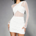 Women Clothing Winter Solid Color Mesh Stitching Asymmetric Long Sleeve Narrow Slim Dress