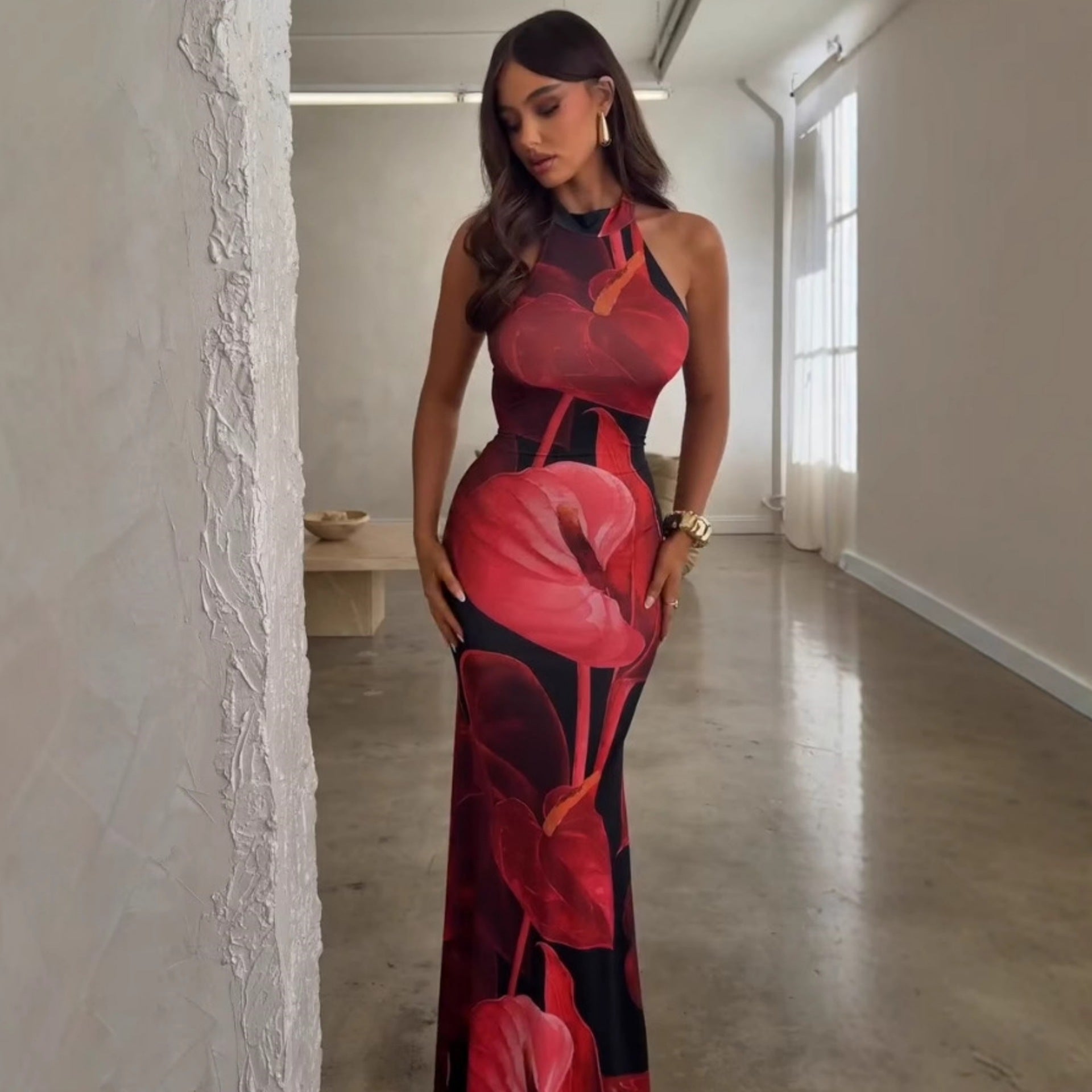 Summer Women Clothing Sexy Print Backless Slim Fit Tight Waist Hip Bag Dress