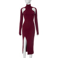 Women Sexy Slim Deep Cerise Hollow Out Cutout Split Mid Length Dress