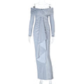 Off Shoulder Rhinestone Shiny Long Sleeve Dress Women Sexy Dress