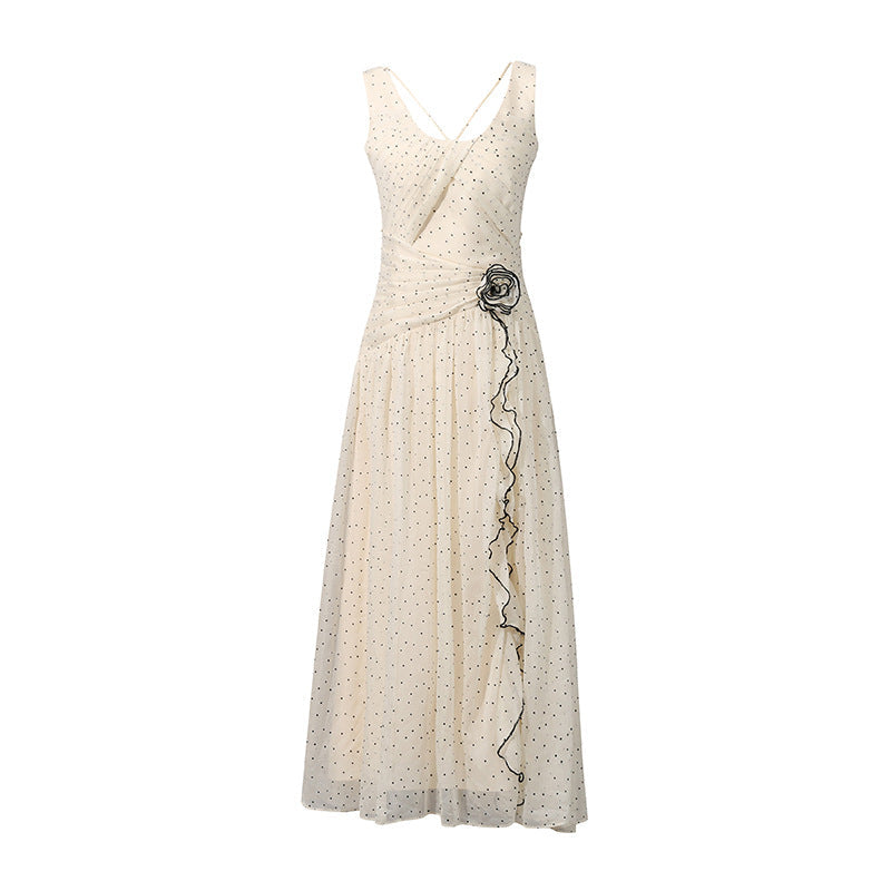 Sweet Milk Apricot round Neck Sleeveless Polka Dot Brace Maxi Dress Summer Women Clothes Dress