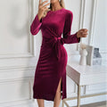 Women Clothing Christmas Mid Length Split Elegant Dating Long Sleeve Narrow Dress Autumn