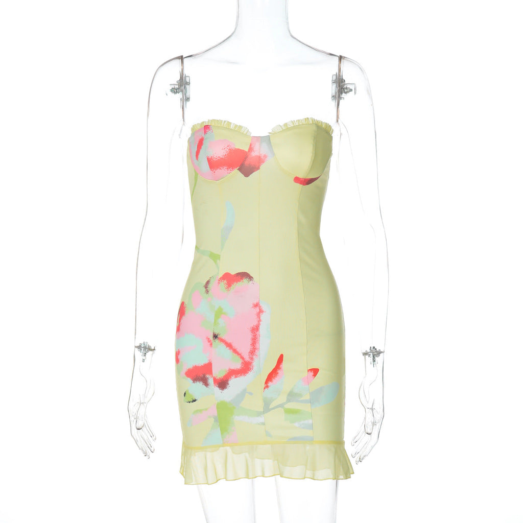 Spring Printed Sleeveless Tube Top Short Slim Sheath Dress Women