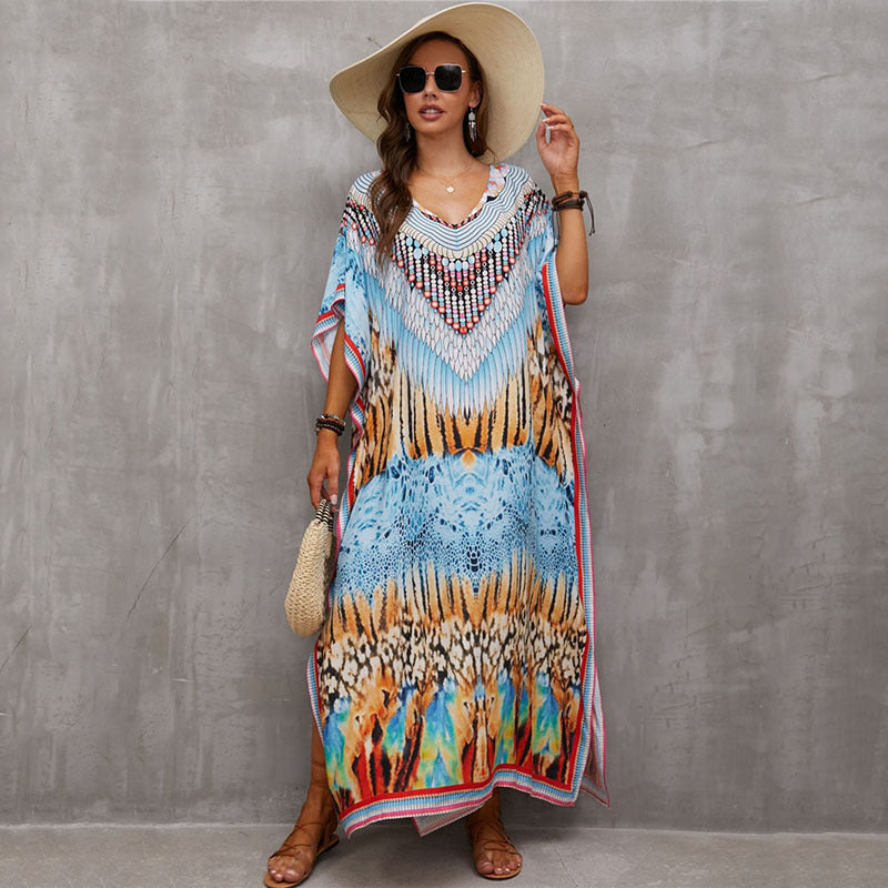 Rayon Positioning Printing Beach Cover Up V Neck Robe Vacation Skirt Bikini Cover