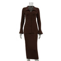 Women Collared Flared Sleeve Cardigan Top Hip Skirt Two Piece Set