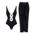 Black White Simple Hollow Out Cutout Out Swimsuit Women Skirt Set