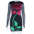 Women Clothing Dress Print round Neck Mesh Long Sleeve Narrow Pullover Dress