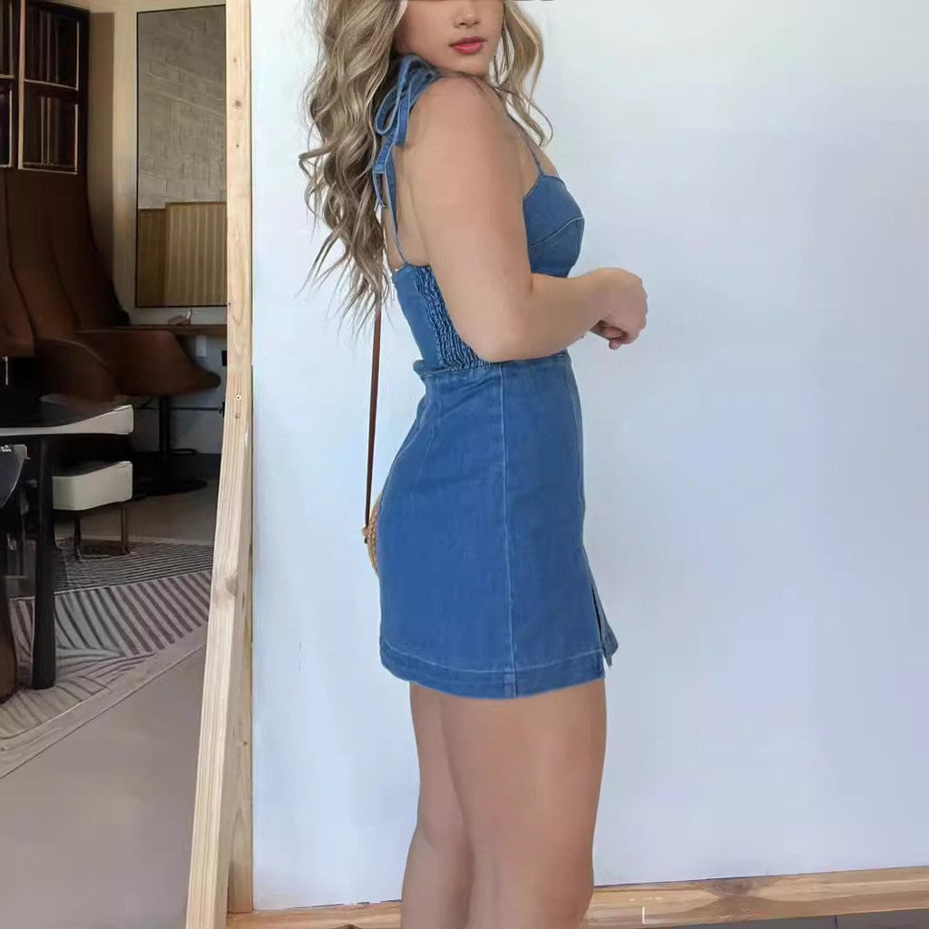Summer Slim Fit Slit Sling Denim Dress Women