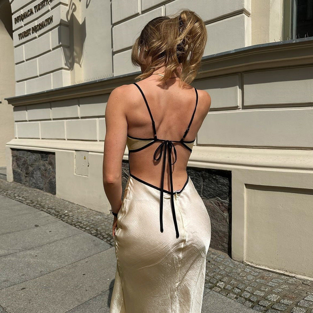 Spring Summer Sexy Women Clothing Dress Contrast Color Slim Fit Backless Halterneck with Suspenders Hip Dress
