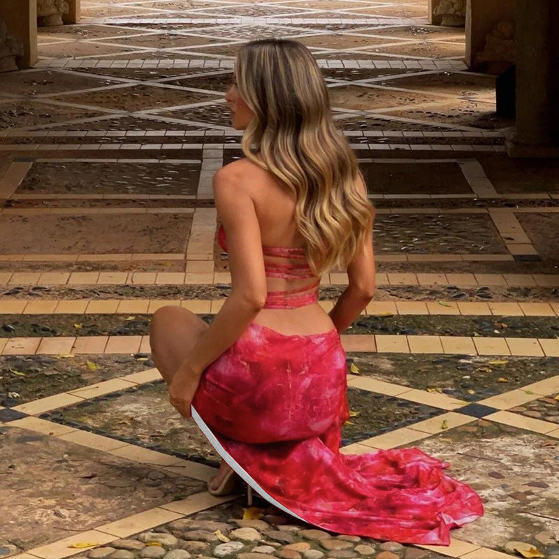 Spring Women Clothing Sexy Printed Halter Cut out Bandage High Slit Backless Dress