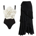 Black White Three Dimensional Big Floral One Piece Swimsuit Women Beach Vacation Suit Skirt