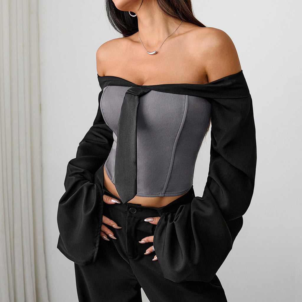 Sexy Sexy Long Sleeved Tube Top Women Fall Slim Fit Tie Wrapped Chest Boning Corset Design Short Top