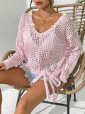 Women V neck Pullover Top Cutout Blouse Lace up Bow Outerwear Shirt Crochet Stitching Loose Sweater Women