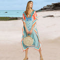 Chiffon Front Back V-neck Positioning Printed Beach Dress Loose Plus Size Vacation Blouse Robe for Women
