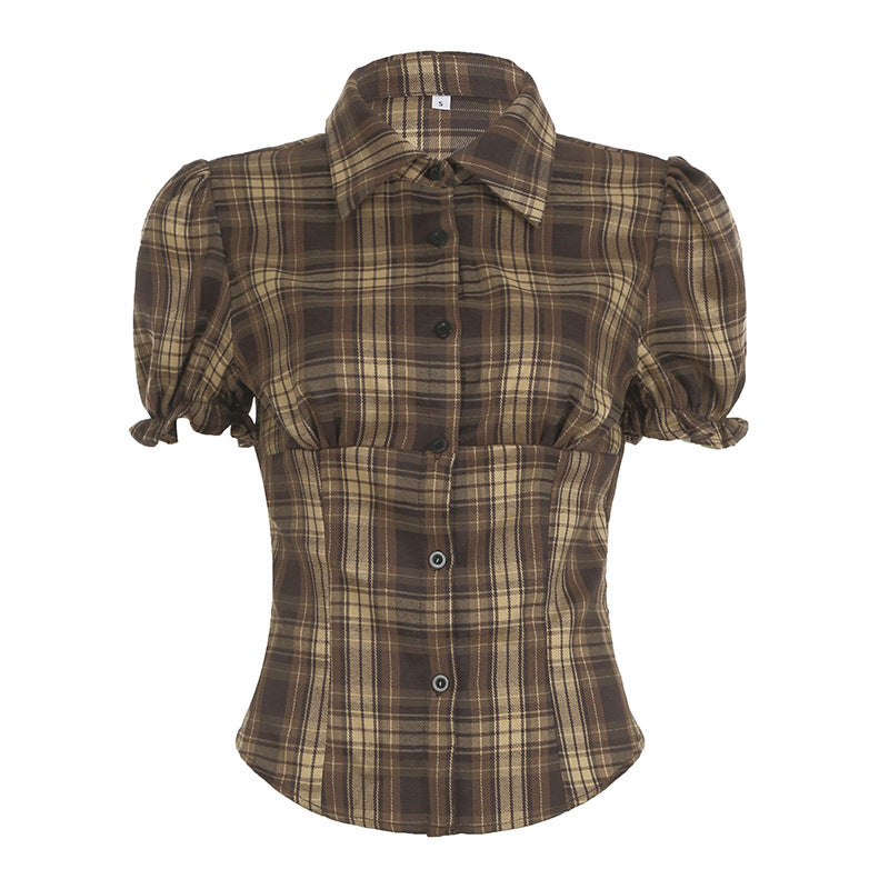 Korean Sweet Girl Preppy Plaid Puff Sleeve Shirt Irregular Asymmetric Hem Waist Slimming Single Breasted Cardigan Top Skirt Sets