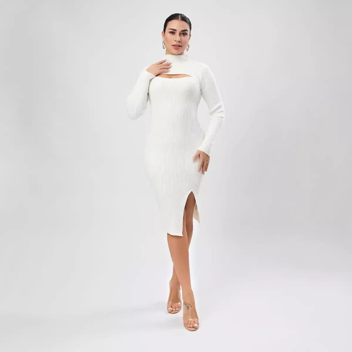 Autumn Women Clothing Half Turtleneck Chest Hollow Out Cutout Design Sweater Skinny Slimming Dress