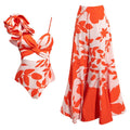 One Shoulder Ruffled Hollow Out Cutout Printed One Piece Swimsuit Women Skirt