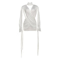 Autumn Winter Women Solid Color Sexy Hollow Out Cutout Long Sleeved Deep V Plunge neck Cross Stitching Hip Dress