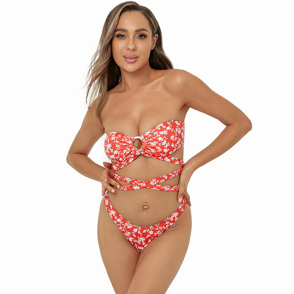 Sexy Triangle Split Swimsuit Bikini Push up Tube Top Criss Cross Long Shoelace Bikini