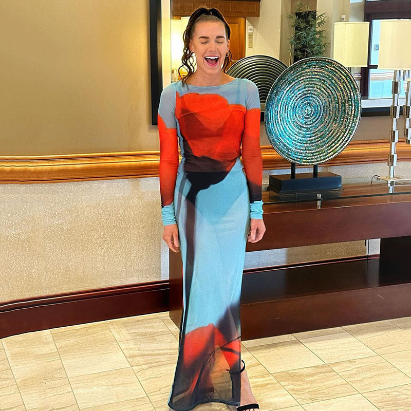 Summer Printed Round Neck Dress Women Sexy Mesh See through Split Dress
