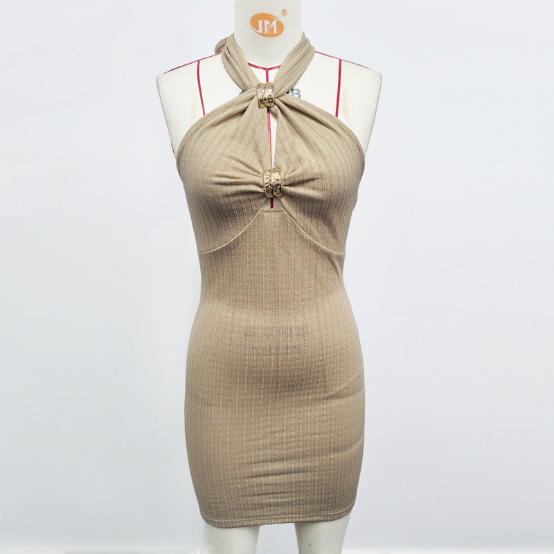 Sexy Slim Fit Slimming Hip Metal Decorative Short Chest Hollow Out Cutout out Halter Backless Dress