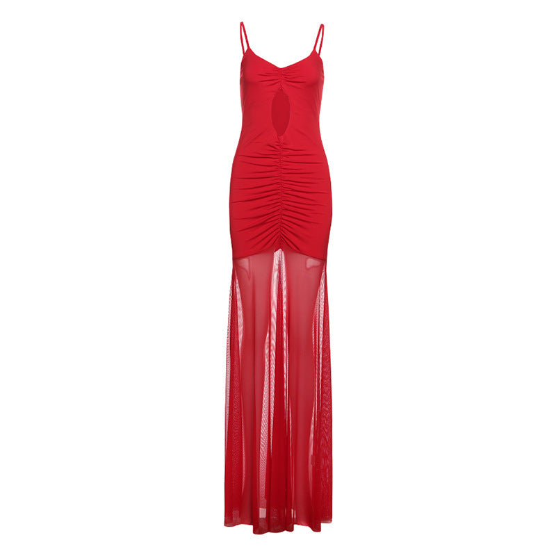 Summer Sexy Cutout Sling Maxi Dress Solid Color Mesh Dress Women