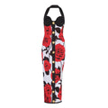 Classic Rose Jacquard Knitted Bandage Dress Sexy Halter Gold Buckle Stretch Dress