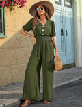 Women Wear Elegant Short Sleeve Collared Waist Tight Jumpsuit Wide Leg Loose Jumpsuit