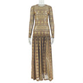 Elegant Retro Women Waist Slimming Micro Transparent A line Printing round Neck Long Sleeved Dress