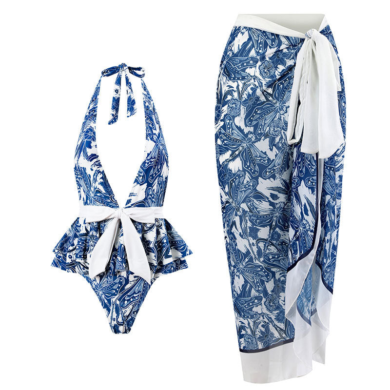 One Piece Swimsuit Women Skinny Slimming Vintage Printed Chiffon Dress With Steel Bracket Hard Bag