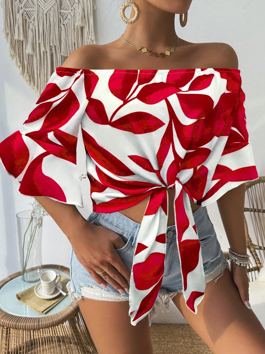 Women Clothing Early Autumn Satin Shirt Printed off the Shoulder Red Loose Fitting Shirt