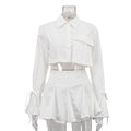 Women Clothing Outfit White Collared Bell Sleeve Short Top Pleated Skirt Two Piece Sets