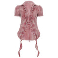 Red Plaid Overshirt Women Clothing Pleated Stringy Selvedge Lace up Puff Sleeve Short Sleeve T shirt