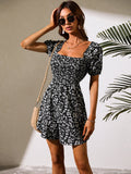 Romper Solid Color Bubble Sleeve Square Collar Backless Elastic Waist Jumpsuit