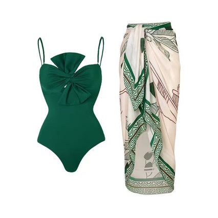 Women Swimsuit Solid Color One Piece Bow Conservative Swimsuit Women