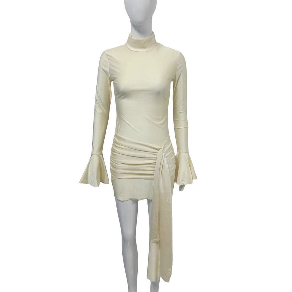 Women Clothing Solid Color Hip Dress Half Turtleneck Bell Sleeve Sexy Tight Dress