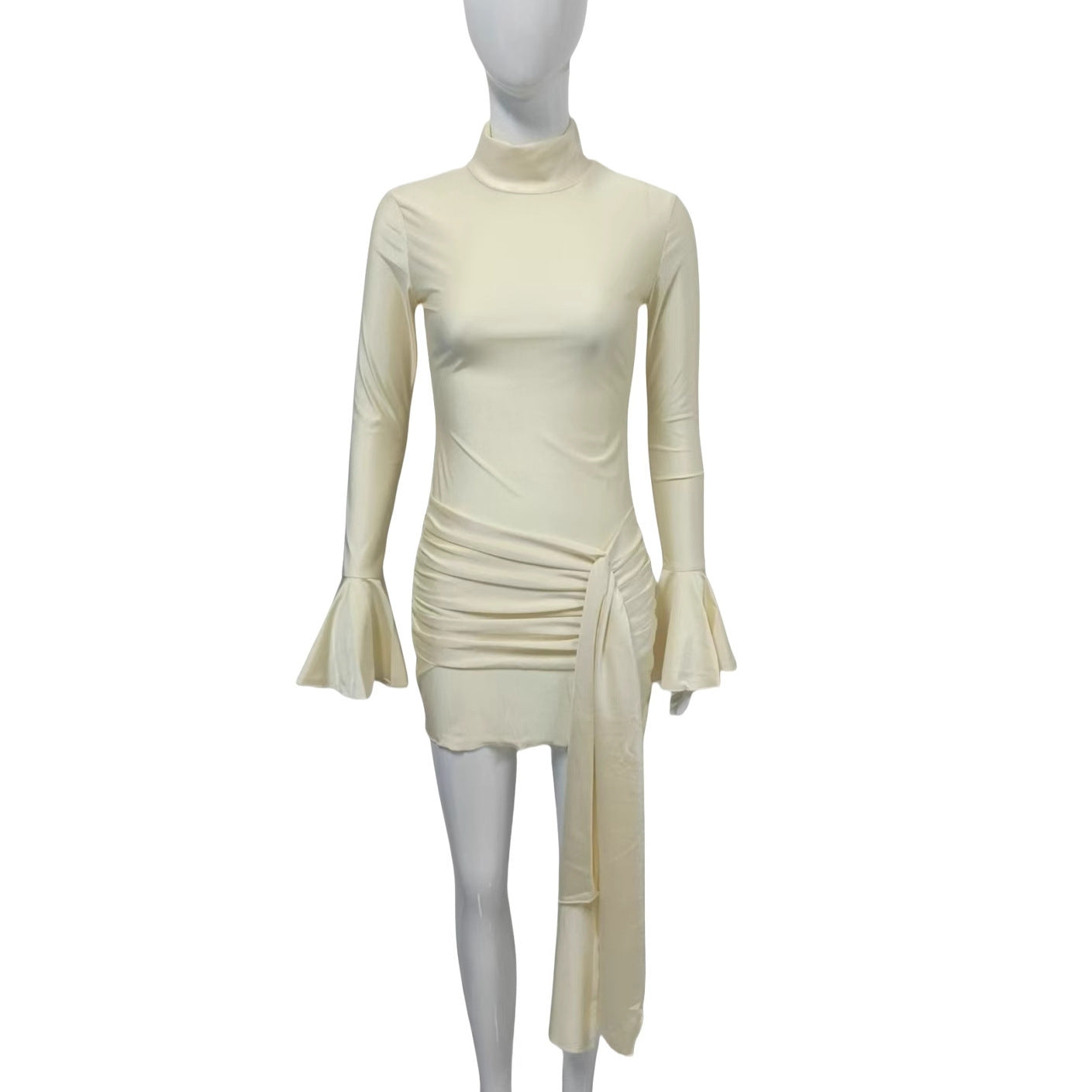 Women Clothing Solid Color Hip Dress Half Turtleneck Bell Sleeve Sexy Tight Dress