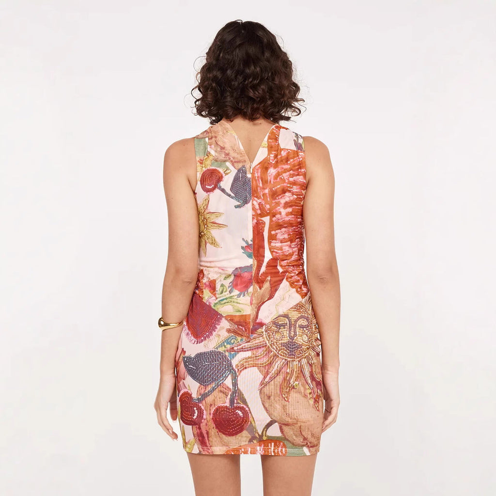 Spring Summer Halter Mesh Printing Dress Elastic Casual Holiday Dress