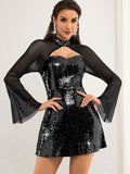 Sexy See through Long Sleeve Mesh Stitching Sequ Dress Women Clothing Short