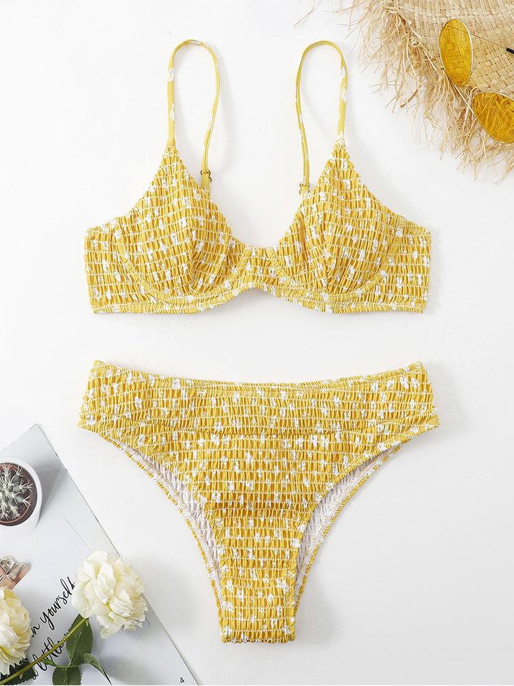 Sexy Printed Steel Bracket Beach Split Bikini High Waist Special Fabric Swimsuit Swimwear Women